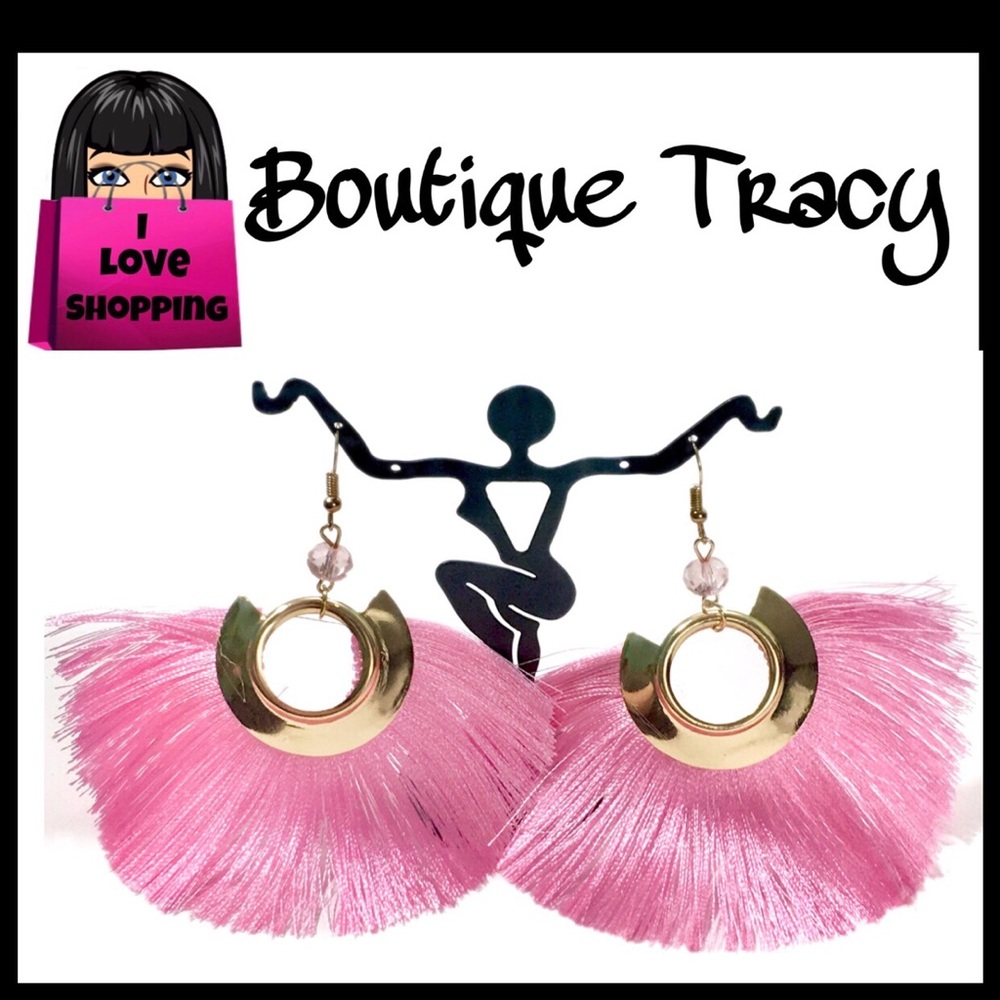 NEW Boho Pink Fringe Tassel Drop Fan Earrings